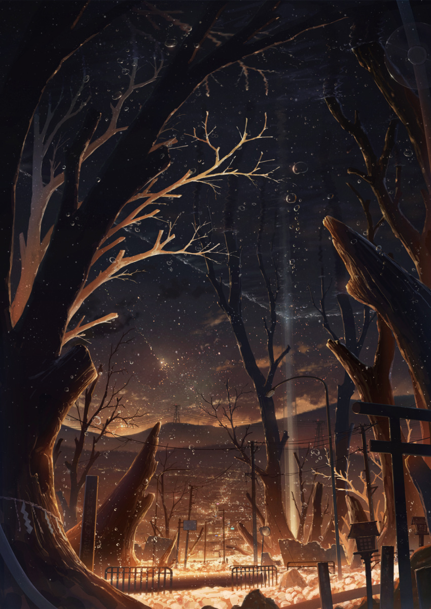 bare_tree city_lights clouds cola_(gotouryouta) commentary_request fantasy highres light_particles mountain mountainous_horizon night night_sky no_humans original outdoors railing scenery shide sky star_(sky) starry_sky torii traffic_mirror tree water