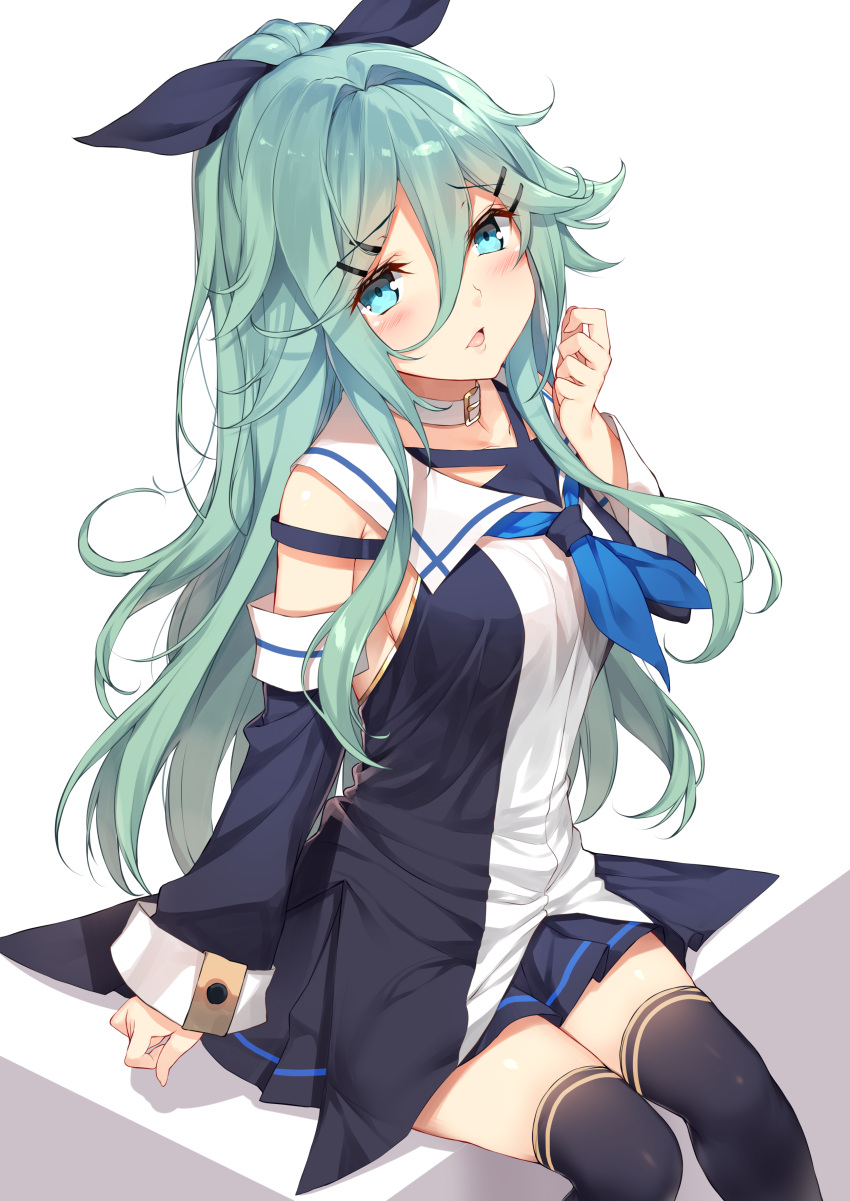 1girl absurdres bangs black_legwear black_ribbon black_serafuku black_skirt blue_neckwear blush breasts collar commentary_request detached_sleeves eyebrows_visible_through_hair green_eyes green_hair hair_between_eyes hair_ornament hair_ribbon hairclip hand_up highres kantai_collection long_hair long_sleeves looking_at_viewer medium_breasts neckerchief parted_bangs parted_lips pleated_skirt ponytail ribbon school_uniform serafuku sideboob sitting skirt smile solo thigh-highs yamakaze_(kantai_collection) yappen