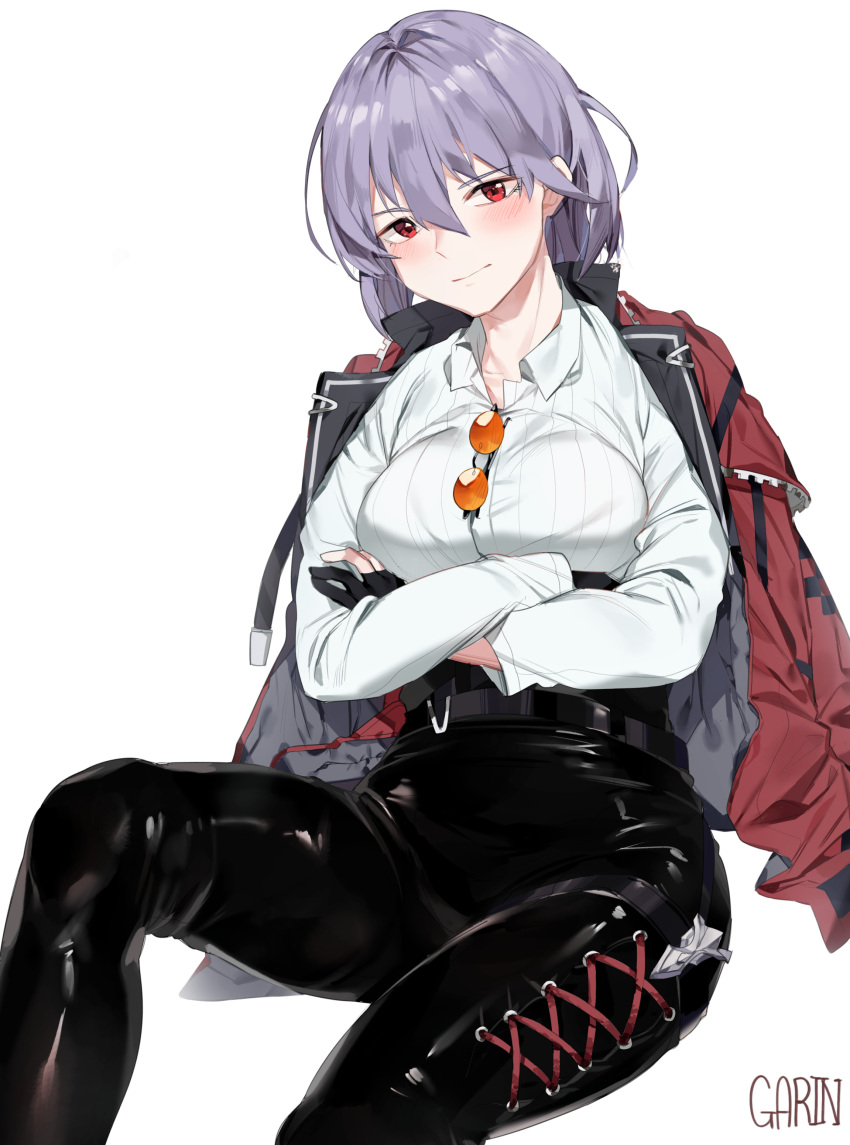 1girl absurdres artist_name bangs belt black_footwear black_gloves black_pants blush boots breasts collared_shirt crossed_arms eyewear_removed garin girls_frontline glasses gloves grey_hair highres jacket_on_shoulders large_breasts looking_at_viewer necktie pants partly_fingerless_gloves red_eyes shirt short_hair sidelocks simple_background siting sitting smile solo sunglasses thigh-highs thigh_boots thompson_submachine_gun_(girls_frontline) tinted_eyewear white_background white_shirt