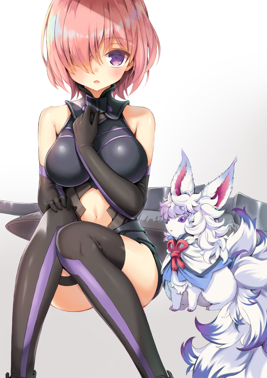 1girl 666_(ro_ro_ro3) absurdres black_gloves black_legwear black_leotard blush creature fate/grand_order fate_(series) fou_(fate/grand_order) gloves gradient gradient_background grey_background hair_over_one_eye hand_on_own_knee highres invisible_chair leotard looking_at_viewer mash_kyrielight navel open_mouth pink_hair short_hair simple_background sitting thigh-highs violet_eyes white_background