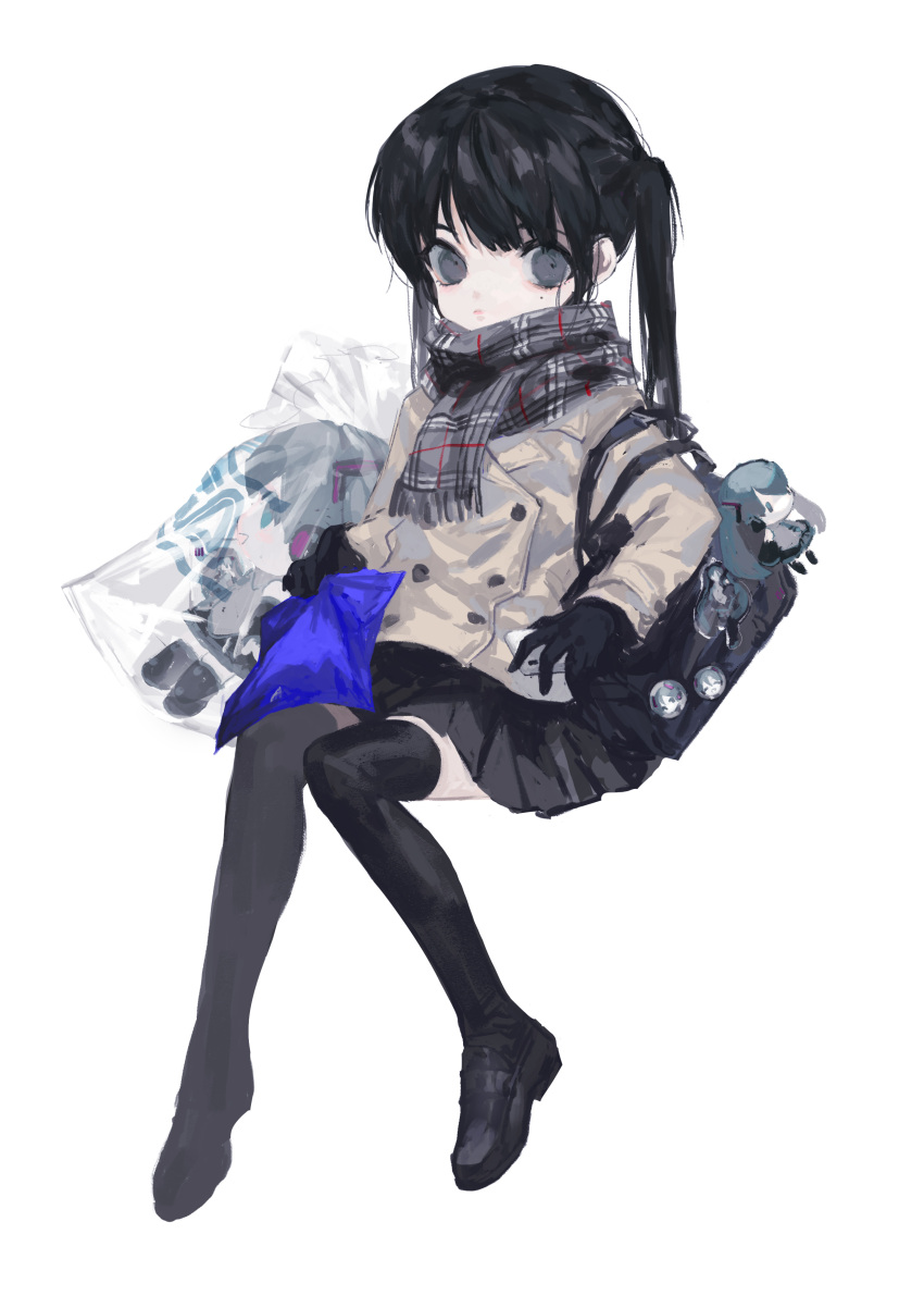1girl absurdres bangs black_footwear black_gloves black_hair black_legwear black_skirt cameo closed_mouth coat commentary_request double-breasted expressionless fading fringe_trim full_body gloves hair_strand hatsune_miku highres loafers long_sleeves looking_at_viewer merchandise miniskirt original plaid plaid_scarf pleated_skirt scarf shoes shou_(hanasakukoroni) simple_background skirt solo thigh-highs twintails vocaloid white_background winter_clothes winter_coat wrinkles