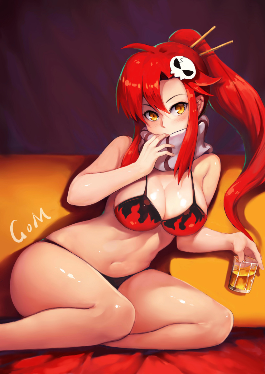 1girl absurdres bikini_top blush breasts cleavage commentary commentary_request cup glass hair_ornament hair_stick highres holding holding_cup large_breasts long_hair looking_at_viewer navel ponytail redhead scarf shiny shiny_skin sitting skull_hair_ornament solo tengen_toppa_gurren_lagann xiao_miao yellow_eyes yoko_littner