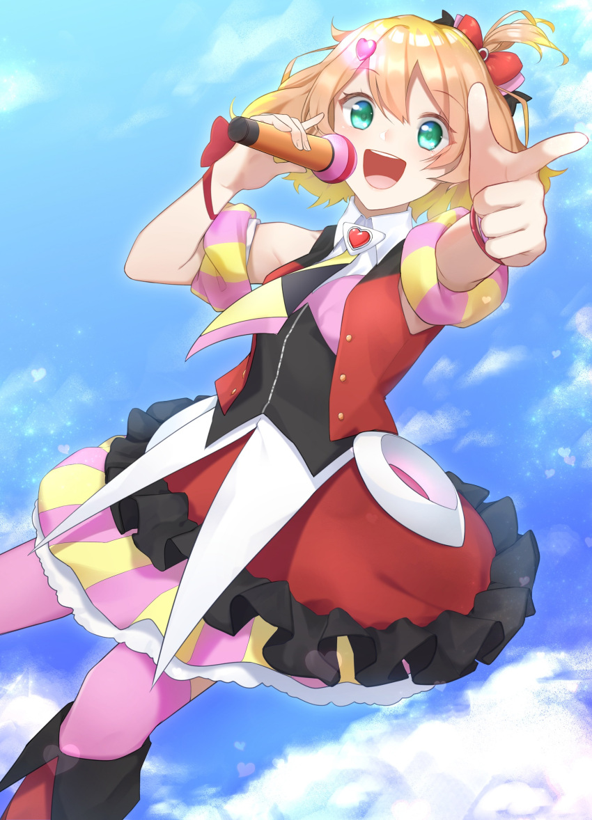 1girl :d arm_strap black_ribbon blonde_hair blue_sky boots bow brown_hair clouds day eyebrows_visible_through_hair freyja_wion green_eyes hair_between_eyes hair_bow hair_ornament hair_ribbon heart heart_hair_ornament highres holding holding_microphone index_finger_raised ise_dango knee_boots layered_skirt lens_flare looking_at_viewer macross macross_delta microphone miniskirt multicolored_hair one_side_up open_mouth outdoors outstretched_arm pink_bow pink_legwear red_footwear ribbon short_hair skirt sky smile solo striped striped_skirt thigh-highs two-tone_hair zettai_ryouiki