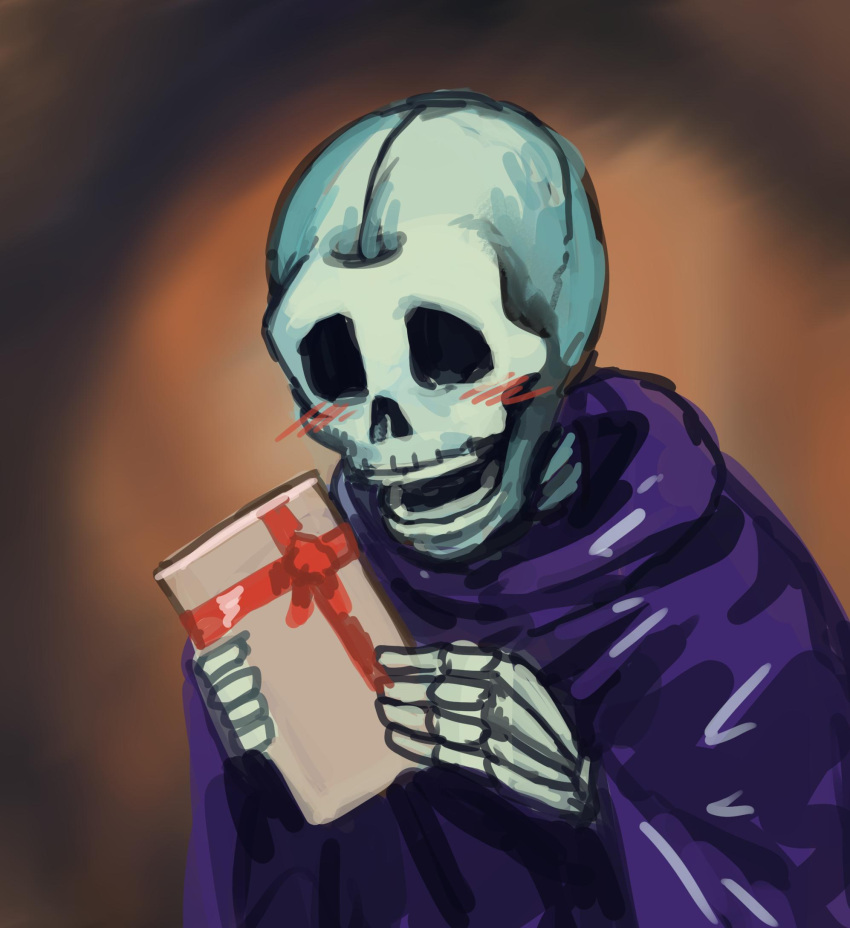 blush chanta_(ayatakaoisii) duel_monster gift happy highres holding holding_gift no_humans pun purple_robe robe skeleton skull_servant white_day yuu-gi-ou