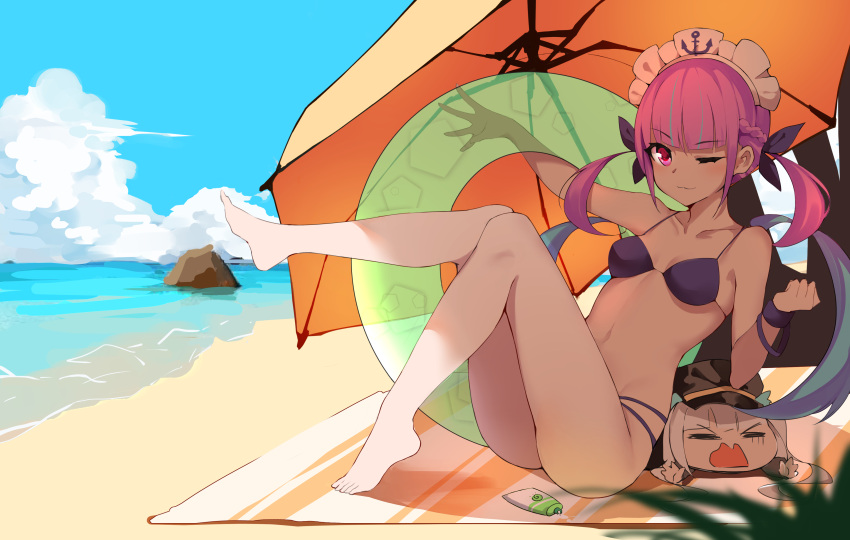 2girls ;) absurdres bare_legs bare_shoulders barefoot beach beach_umbrella bikini black_hat blue_hair blue_ribbon blue_sky breasts chibi clouds cloudy_sky collarbone commentary crossover day hair_ribbon hat highres hololive horizon innertube kagura_mea kagura_mea_channel knees_up medium_breasts meng_ge_3_(565571710) minato_aqua multicolored_hair multiple_girls ocean one_eye_closed outdoors peaked_cap pink_hair purple_bikini purple_ribbon ribbon sand sitting sky smile streaked_hair swimsuit transparent twintails two-tone_hair umbrella violet_eyes virtual_youtuber water white_hair