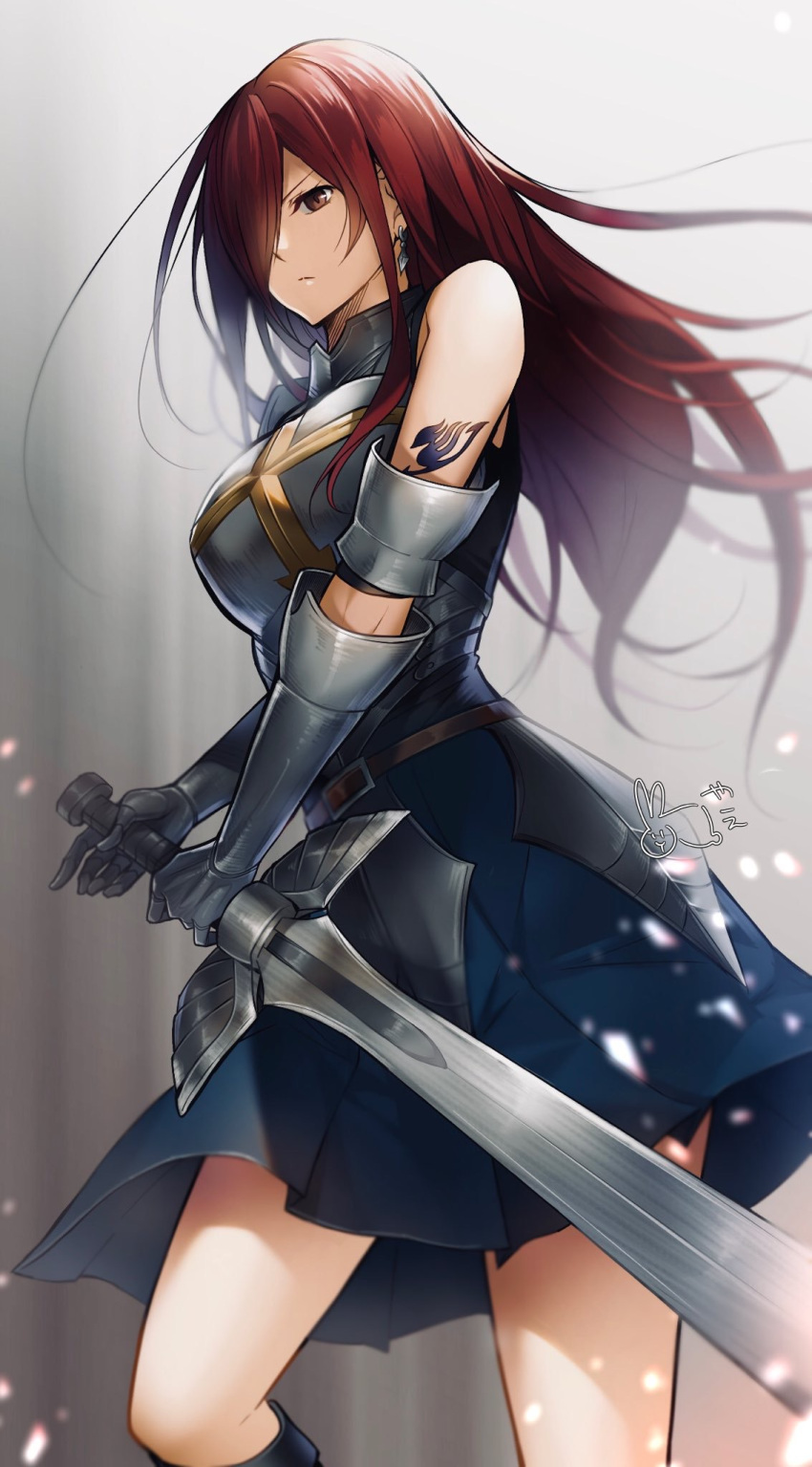 blue_skirt breastplate brown_eyes earrings erza_scarlet fairy_tail faulds floating_hair gauntlets grey_background hair_over_one_eye highres holding holding_sword holding_weapon jewelry long_hair miniskirt pleated_skirt redhead skirt sword tattoo very_long_hair weapon yae_chitokiya