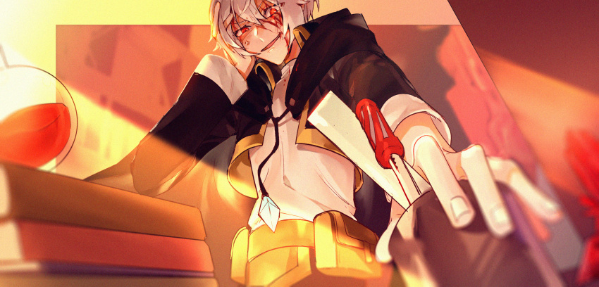 1boy adelinez belt black_cape bleeding blood blood_on_face blurry blurry_background blurry_foreground book_stack cape from_below gem grin hair_between_eyes hand_on_own_cheek hand_up highres jewelry long_sleeves looking_at_viewer male_focus necklace ourn_the_inventor pixiv_fantasia_last_saga potion red_eyes screwdriver silver_hair smile sunlight