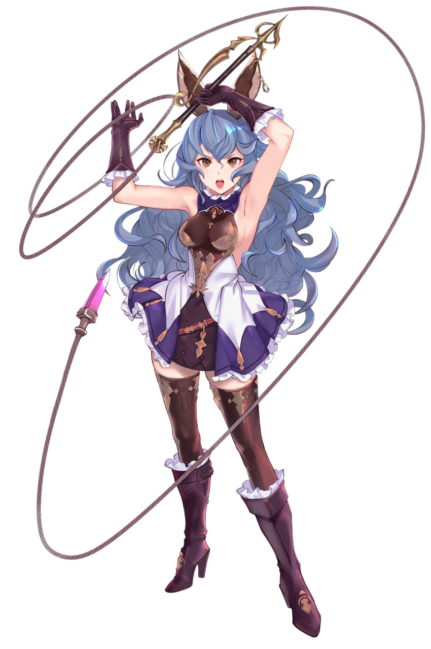 1girl animal_ears armpits backless_outfit bare_back belt black_gloves blue_hair blue_skirt breasts brown_eyes brown_gloves cape earrings erune ferry_(granblue_fantasy) full_body gloves granblue_fantasy highres hoop_earrings jewelry long_hair looking_at_viewer loose_belt rabbit_ears sideboob single_earring skirt small_breasts solo tetsu_(kimuchi) wavy_hair whip yellow_eyes