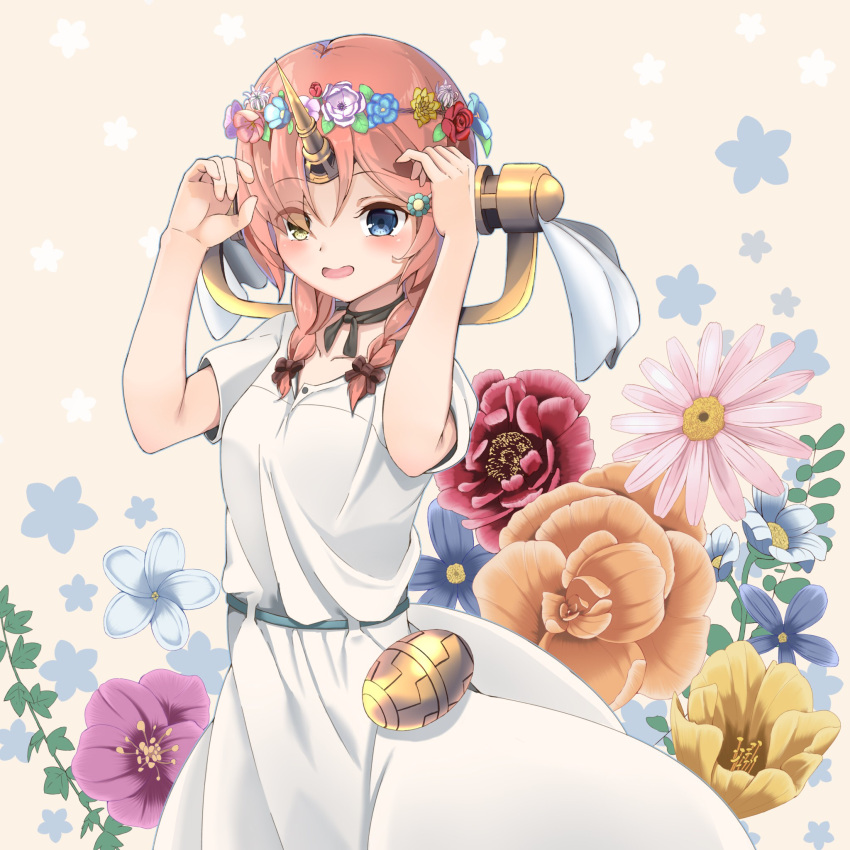 1girl alternate_hair_ornament bare_arms black_neckwear blue_eyes blue_flower blush bow breasts collarbone commentary_request dot_nose dress eyebrows_visible_through_hair fate/grand_order fate_(series) floral_background flower frankenstein's_monster_(fate) hair_bow hair_flower hair_ornament hair_over_one_eye headgear heterochromia highres horn looking_at_viewer medium_breasts nyoon orange_flower pink_hair purple_flower red_bow red_flower short_hair sidelocks solo standing white_dress white_flower yellow_eyes