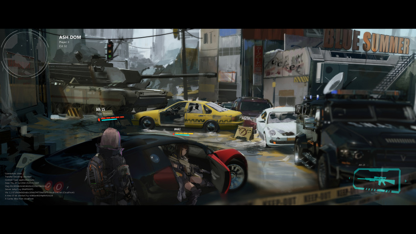 2girls abandoned ar-15 assault_rifle backpack bag car gameplay_mechanics girls_frontline graffiti ground_vehicle gun health_bar highres humvee jeep m1_abrams m4_carbine m4a1_(girls_frontline) military military_vehicle motor_vehicle multiple_girls novelance police_car rifle road_sign ruins sign st_ar-15_(girls_frontline) tank taxi tom_clancy's_the_division traffic_light weapon