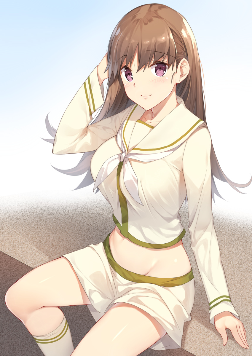 1girl absurdres alternate_eye_color brown_hair commentary_request eyebrows_visible_through_hair highres kantai_collection kneehighs long_hair long_sleeves midriff neck_ribbon neckerchief ooi_(kantai_collection) remodel_(kantai_collection) ribbon sailor_collar school_uniform serafuku sitting skirt smile solo violet_eyes white_legwear white_neckwear white_skirt yappen