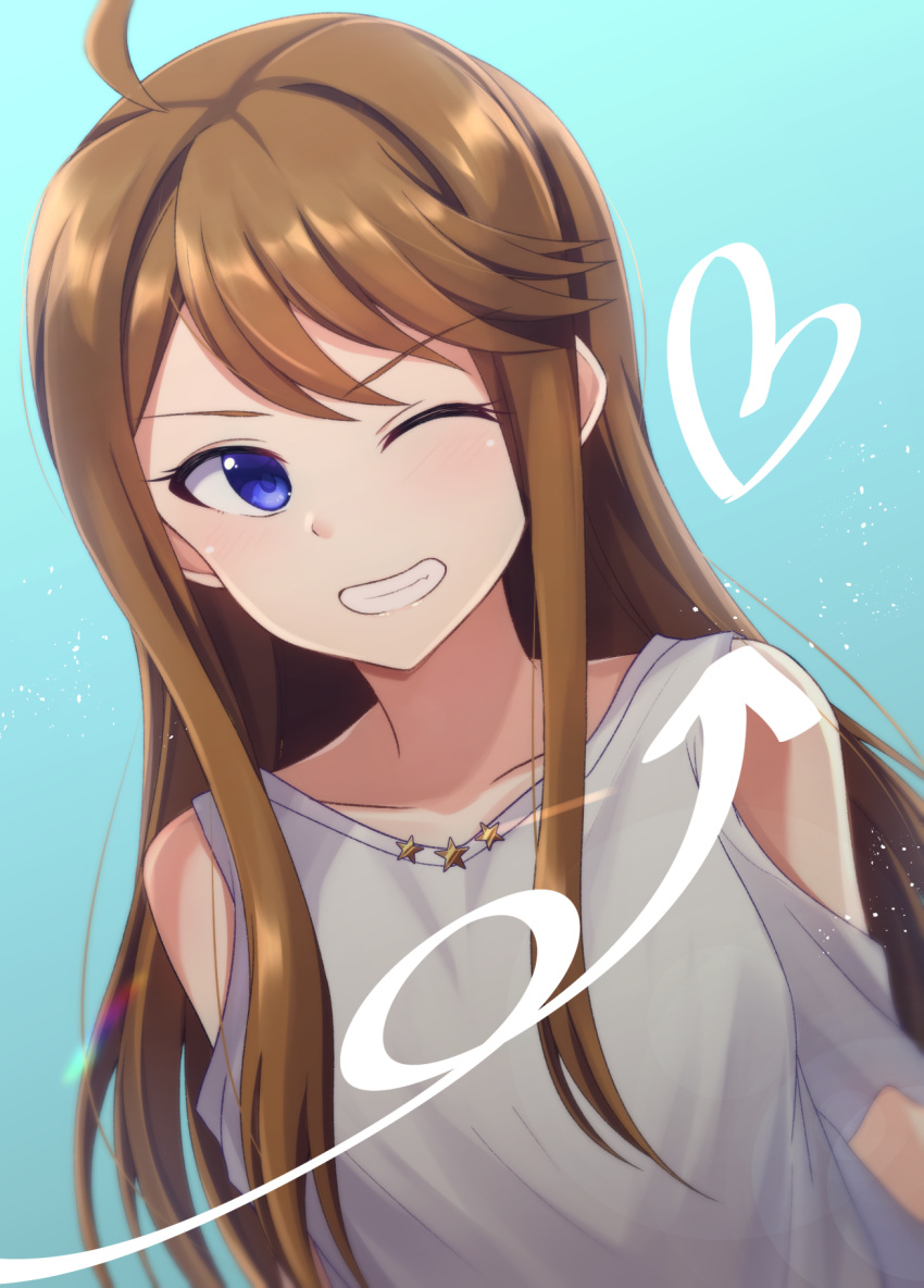 1girl ahoge black_rabbit blue_background blue_eyes brown_hair collarbone eyebrows_visible_through_hair grey_shirt grin heart highres idolmaster idolmaster_million_live! long_hair looking_at_viewer one_eye_closed shirt shoulder_cutout smile solo star tokoro_megumi upper_body very_long_hair