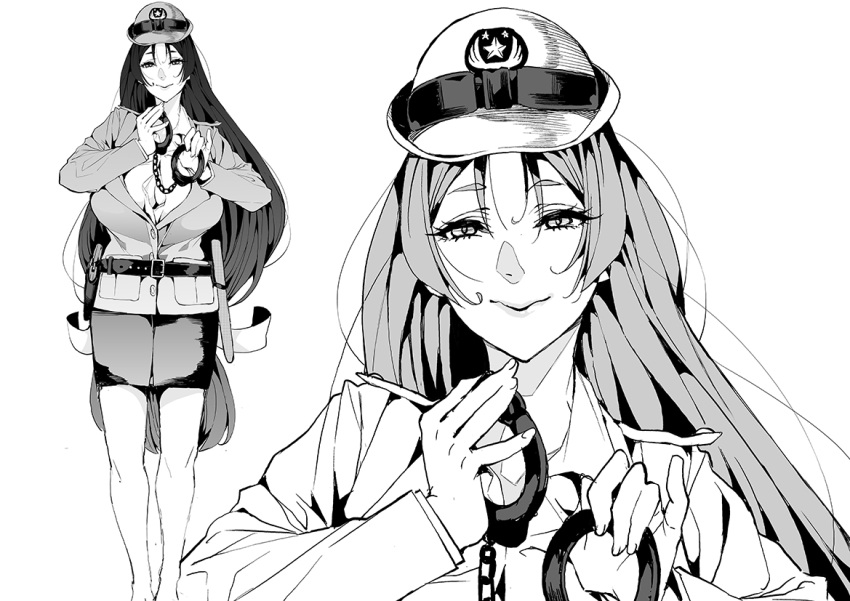 1girl alternate_costume azukiko bangs belt breasts closed_mouth collared_shirt cuffs dress_shirt fate/grand_order fate_(series) greyscale handcuffs hat huge_breasts long_hair looking_at_viewer low-tied_long_hair low_tied_hair minamoto_no_raikou_(fate/grand_order) monochrome parted_bangs police police_uniform policewoman shirt smile thighs uniform very_long_hair white_shirt