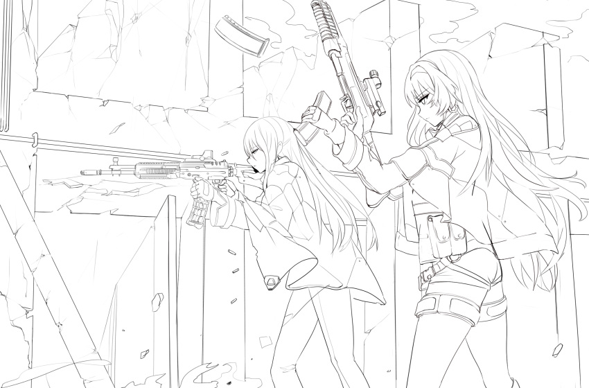 2girls ak-12 ak-12_(girls_frontline) an-94 an-94_(girls_frontline) assault_rifle bangs cape closed_mouth commentary_request damaged dokomon eyebrows_visible_through_hair finger_on_trigger fingerless_gloves firing girls_frontline gloves greyscale gun hair_between_eyes hairband half-closed_eye highres holding holding_gun holding_weapon jacket korean_commentary long_hair long_sleeves monochrome multiple_girls object_namesake pants parted_lips profile reloading rifle scope short_shorts shorts standing very_long_hair weapon