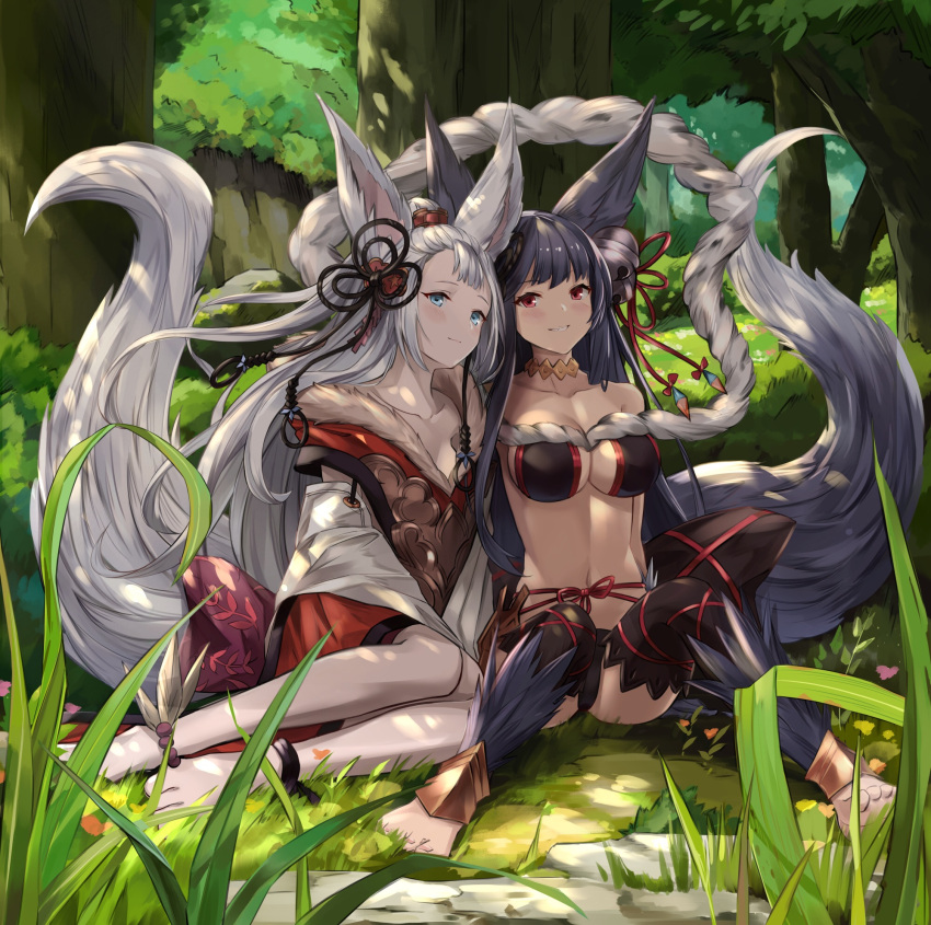 2girls :d animal_ears anklet bare_legs bare_shoulders barefoot bead_anklet beads bell black_hair black_legwear black_panties blue_eyes blush breasts choker cleavage closed_mouth collarbone commentary_request day erune flower forest fur_collar granblue_fantasy grass grey_hair grin hair_ornament highres jewelry jingle_bell knees_up large_breasts long_hair looking_at_viewer medium_breasts monyu_(monyupop) multiple_girls nature navel open_mouth outdoors panties plant red_eyes revealing_clothes rope shimenawa sitting smile socie_(granblue_fantasy) stomach sunlight tail thigh-highs tree underwear yokozuwari yuel_(granblue_fantasy)