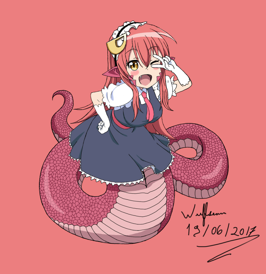 1girl 2017 blush cosplay crossover eyebrows_visible_through_hair fang frilled_gloves frilled_sleeves frills gloves hair_ornament happy highres kobayashi-san_chi_no_maidragon lamia long_hair long_tail maid maid_headdress miia_(monster_musume) monster_girl monster_musume_no_iru_nichijou one_eye_closed open_mouth peace_sign pointy_ears puffy_short_sleeves puffy_sleeves red_background red_bow red_hair redhead scale short_sleeves simple_background slit_pupils snake_tail solo tail teeth white_gloves wulfsenn yellow_eyes