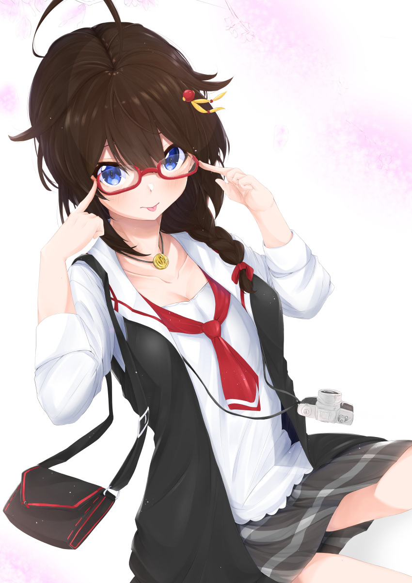 1girl absurdres ahoge alternate_costume bag blue_eyes braid brown_hair camera casual closed_mouth collarbone evening fingers_to_eyewear glasses grey_skirt hair_flaps hair_ornament hair_over_shoulder hair_ribbon highres jewelry kantai_collection long_hair long_sleeves petals red-framed_eyewear red_ribbon remodel_(kantai_collection) ribbon semi-rimless_eyewear shigure_(kantai_collection) shirt shoes shoulder-bag single_braid skirt sleeves_folded_up solo thighs tongue tongue_out tutinako under-rim_eyewear vest white_shirt