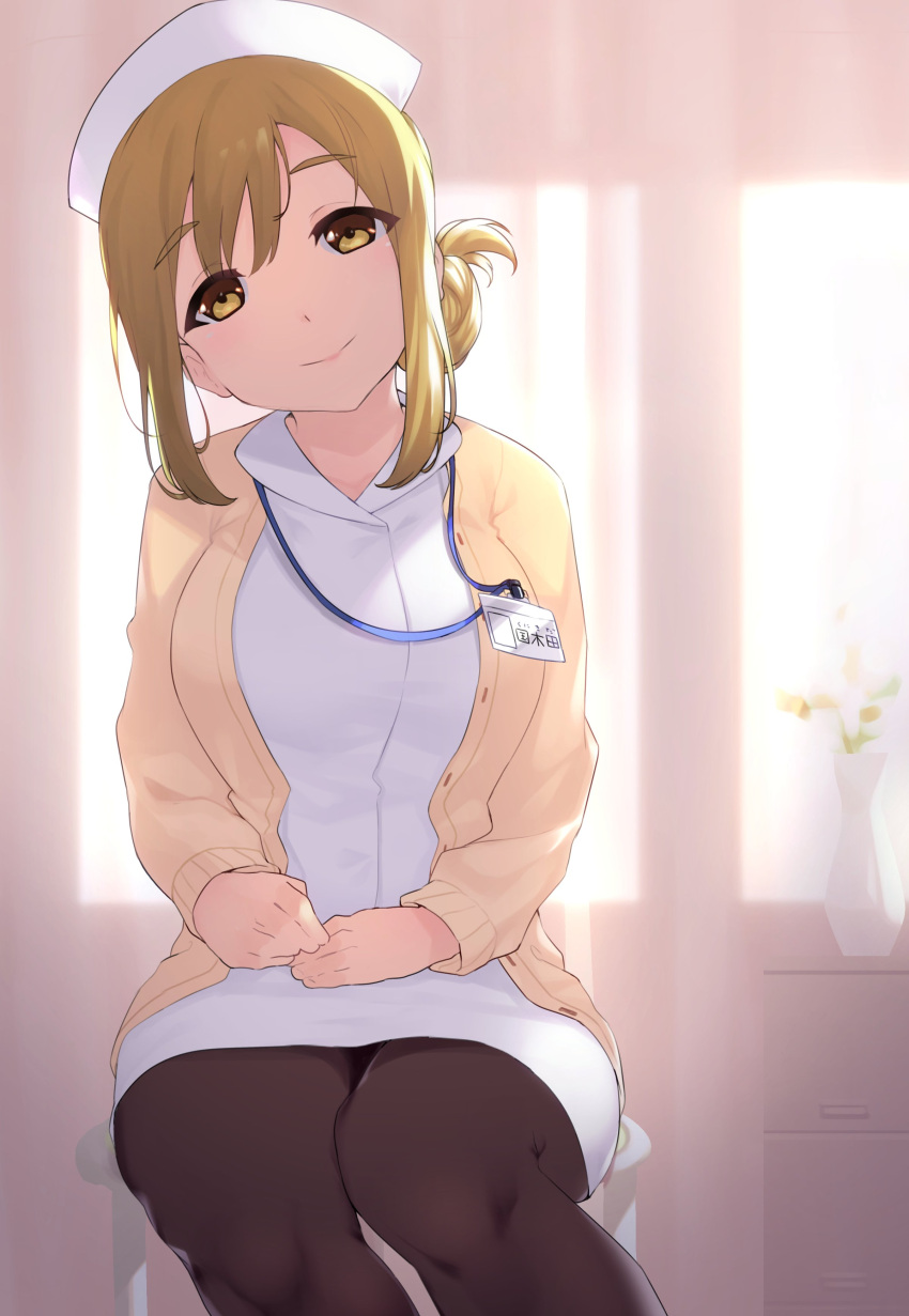 1girl absurdres bangs black_legwear brown_eyes brown_hair cardigan commentary_request curtains dress hair_bun hands_on_lap hat head_tilt highres kunikida_hanamaru long_sleeves looking_at_viewer love_live! love_live!_sunshine!! name_tag nurse nurse_cap pantyhose short_dress sidelocks sitting smile solo vase white_dress yamaori_(yamaorimon) yellow_cardigan