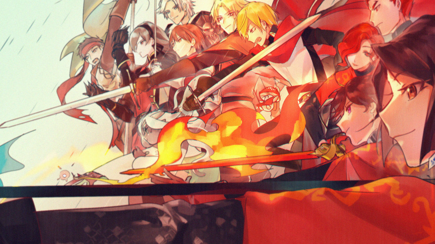 6+boys 6+girls adelinez arm_up armor black_gloves blonde_hair blue_eyes bow_(weapon) brown_eyes brown_hair cape character_request claw_(weapon) dark_skin dylan_the_island_king ethan_the_exiled_hero facial_hair fighting_stance fire flag flame frown gloves highres holding holding_sword holding_weapon long_hair multiple_boys multiple_girls mushroom outdoors pixiv_fantasia_last_saga red_cape red_eyes red_headband shield short_hair smirk stubble sword violet_eyes weapon white_hair yellow