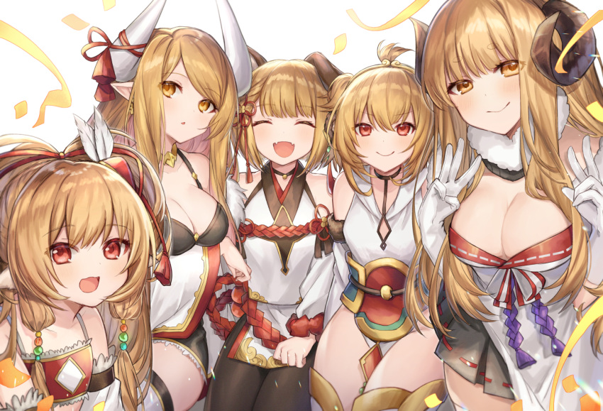 .com_(cu_105) 5girls :d andira_(granblue_fantasy) anila_(granblue_fantasy) animal_ear_fluff animal_ears bangs bare_shoulders black_legwear black_skirt blonde_hair blush breasts brown_eyes brown_hair circlet cleavage closed_mouth commentary_request crop_top curled_horns detached_sleeves dog_ears draph dress eyebrows_visible_through_hair fangs feathers granblue_fantasy hair_between_eyes hair_feathers hair_ribbon harvin horn_ribbon horns kuvira_(granblue_fantasy) large_breasts long_hair long_sleeves mahira_(granblue_fantasy) medium_breasts multiple_girls open_mouth pantyhose parted_lips pleated_skirt pointy_ears red_eyes red_ribbon ribbon ribbon-trimmed_skirt ribbon_trim sheep_horns short_eyebrows sitting skirt sleeveless sleeveless_dress smile thick_eyebrows twintails two_side_up vajra_(granblue_fantasy) very_long_hair white_background white_dress white_feathers white_sleeves