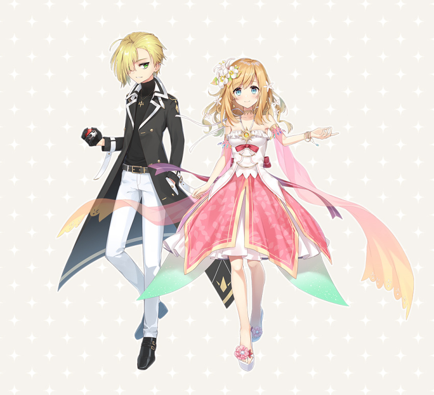 1boy 1girl alternate_costume alternate_hairstyle bangs bare_shoulders belt black_footwear black_gloves black_jacket black_shirt blonde_hair blue_eyes blush bracelet closed_mouth collarbone commentary_request creatures_(company) dress earrings eyebrows_visible_through_hair flower flower_on_head full_body game_freak gem gladio_(pokemon) gloves green_eyes hair_between_eyes hair_flower hair_ornament hair_over_one_eye hand_up holding holding_poke_ball jacket jewelry light_brown_hair long_hair long_sleeves looking_at_viewer mizuki_(pokemon) necklace nintendo no_legwear open_clothes open_jacket open_mouth pants pendant pink_dress poke_ball poke_ball_(generic) pokemon pokemon_(game) pokemon_sm ribbon rupinesu shirt shoes short_hair simple_background sleeveless sleeveless_dress smile solo standing teeth white_dress white_pants