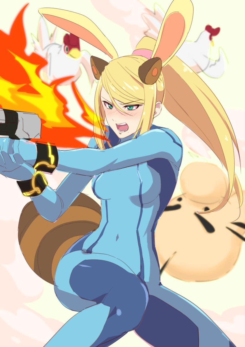 1girl absurdres animal_ears bangs beige_background blonde_hair blue_bodysuit blush bodysuit breasts commentary_request covered_navel cucco doseisan eyebrows_visible_through_hair fake_animal_ears feet_out_of_frame green_eyes gun hair_between_eyes handgun highres holding holding_gun holding_weapon kemonomimi_mode leon_(mikiri_hassha) long_hair super_mario_bros. medium_breasts metroid mother_(game) nintendo nose_blush pistol ponytail rabbit_ears raccoon_ears raccoon_tail samus_aran sidelocks simple_background solo super_smash_bros. swept_bangs tail the_legend_of_zelda the_legend_of_zelda:_majora's_mask thighs weapon zero_suit