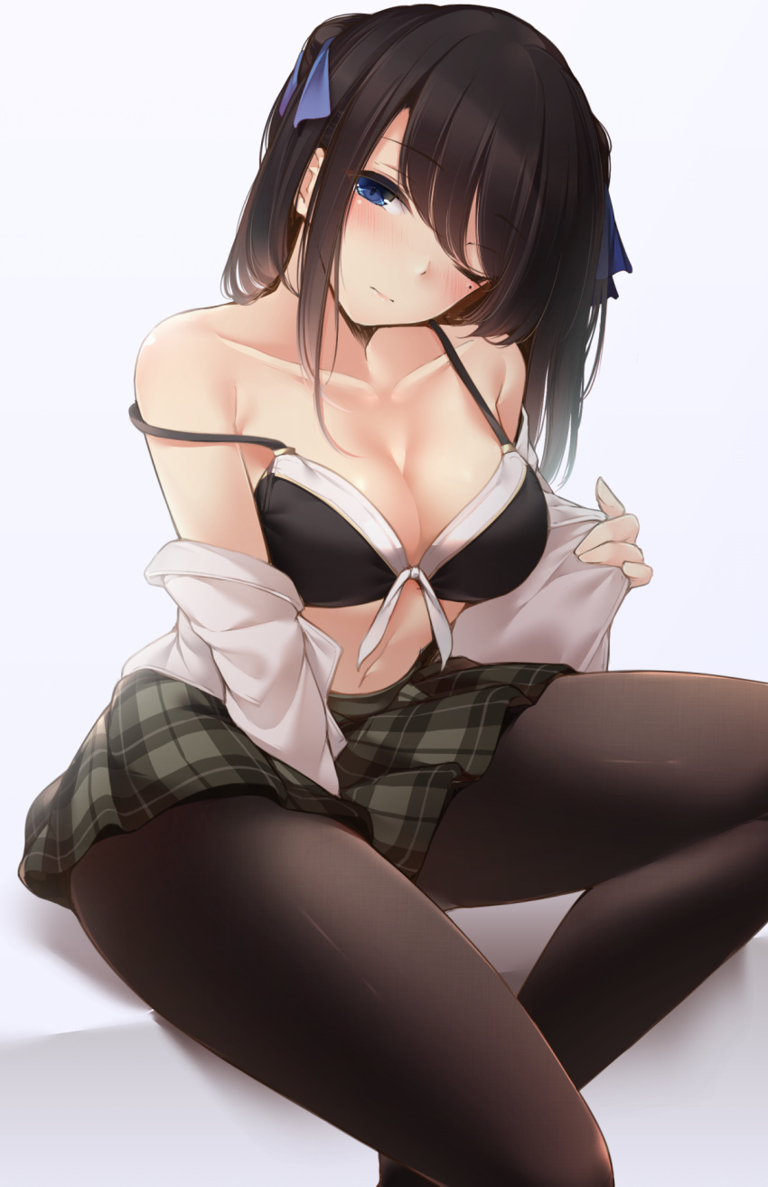 1girl bangs between_legs black_bra black_hair black_legwear blue_background blue_eyes blush bra breasts brown_hair cleavage closed_mouth collarbone collared_shirt dress_shirt grey_skirt hand_between_legs head_tilt highres large_breasts leaning_forward long_hair looking_at_viewer mole mole_under_eye navel off_shoulder one_eye_closed open_clothes open_shirt original pantyhose plaid plaid_skirt pleated_skirt shirt sidelocks simple_background sitting skirt solo strap_slip toyosaki_shu underwear undressing white_shirt