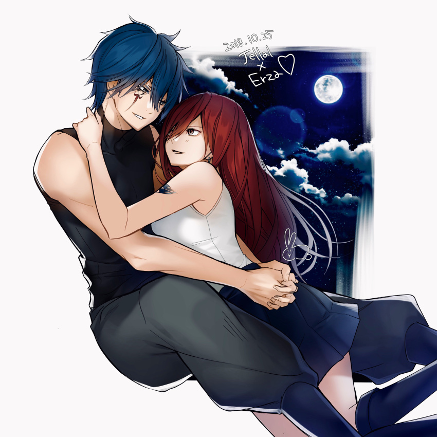 2018 absurdres black_shirt blue_hair blue_skirt blush brown_eyes character_name couple dated erza_scarlet eye_contact facial_mark fairy_tail floating_hair full_moon grey_pants hair_between_eyes hands_clasped hands_together heart highres index_finger_raised jellal_fernandes lens_flare long_hair looking_at_another miniskirt moon own_hands_together pants parted_lips pleated_skirt redhead shirt skirt sleeveless sleeveless_shirt smile tattoo very_long_hair white_background white_shirt yae_chitokiya