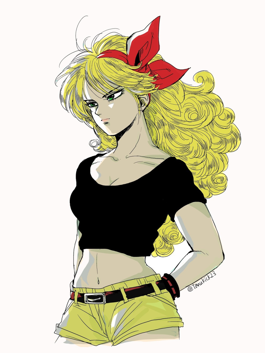 1girl belt black_shirt blonde_hair bow breasts cleavage collarbone cowboy_shot crop_top cropped_legs dragon_ball dragon_ball_(classic) green_eyes hair_bow hairband hand_in_pocket highres long_hair lunch_(dragon_ball) medium_breasts midriff navel red_bow red_hairband shirt short_shorts short_sleeves shorts simple_background solo standing stomach tanukichi_(spica1985) twitter_username very_long_hair white_background yellow_shorts