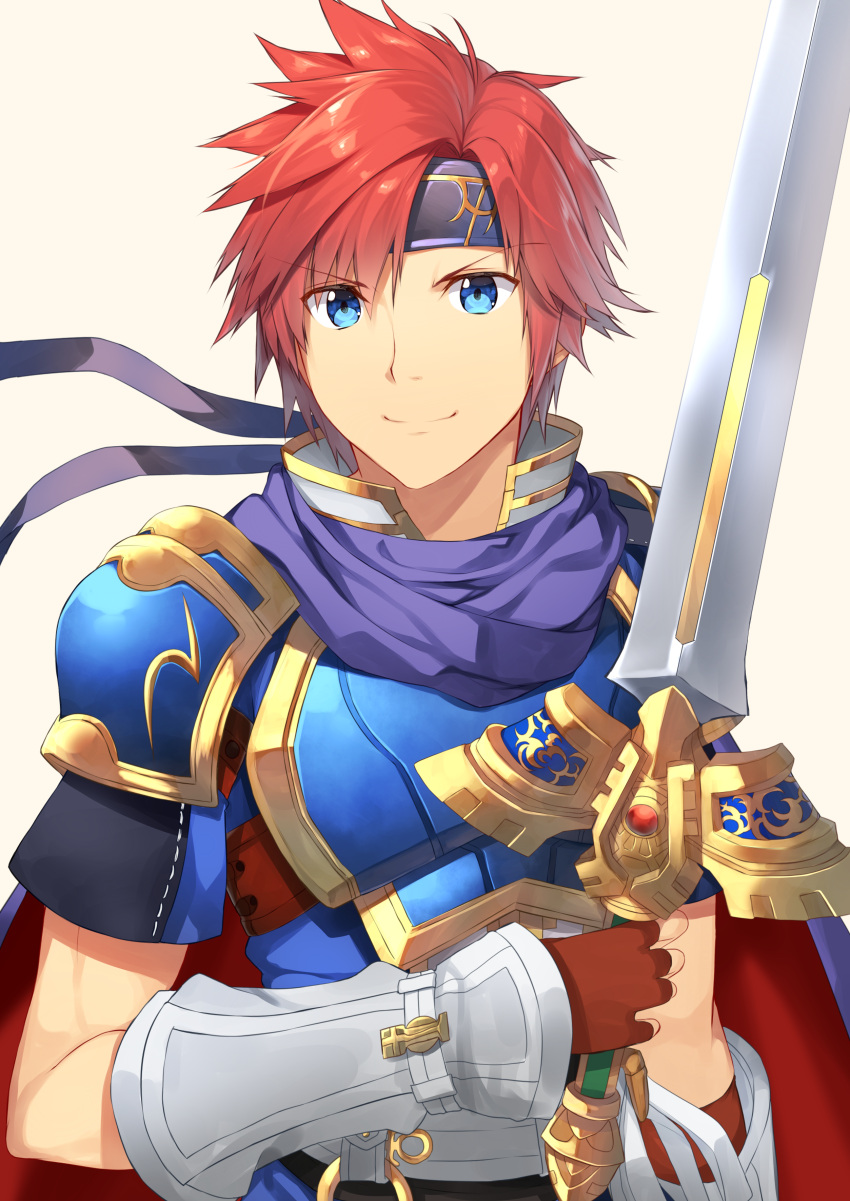 1boy absurdres armor blue_armor blue_eyes cape fire_emblem fire_emblem:_fuuin_no_tsurugi headband highres looking_at_viewer male_focus nintendo redhead roy_(fire_emblem) smile solo sword weapon yappen