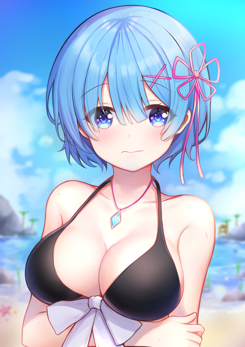 1girl absurdres arm_support bare_shoulders beach black_bikini_top blue_eyes blue_hair blue_sky blush breast_rest breasts cleavage clouds cloudy_sky commentary day flower hair_between_eyes hair_flower hair_ornament hairclip highres machin4719 medium_breasts necktie nervous ocean outdoors pink_ribbon re:zero_kara_hajimeru_isekai_seikatsu rem_(re:zero) ribbon short_hair sky solo upper_body wavy_mouth x_hair_ornament