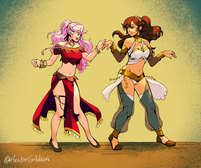 2girls bare_shoulders blush bracelet braid breasts brown_hair cosplay costume_switch dancer dancing fire_emblem fire_emblem:_kakusei full_body gloves green_eyes hair_ornament hairband hectoremblem highres jewelry long_hair looking_at_viewer midriff multiple_girls navel necklace nintendo octopath_traveler olivia_(fire_emblem) olivia_(fire_emblem)_(cosplay) open_mouth pink_hair ponytail primrose_azelhart simple_background smile twin_braids