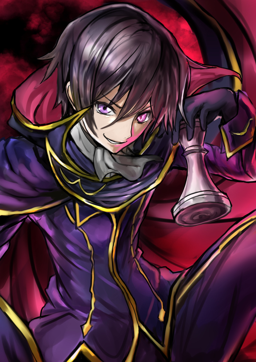 1boy absurdres black_gloves black_hair chess_piece code_geass geass gloves grin highres holding jacket king_(chess) lelouch_lamperouge long_sleeves looking_at_viewer male_focus pants purple_jacket purple_pants smile solo uniform violet_eyes viride