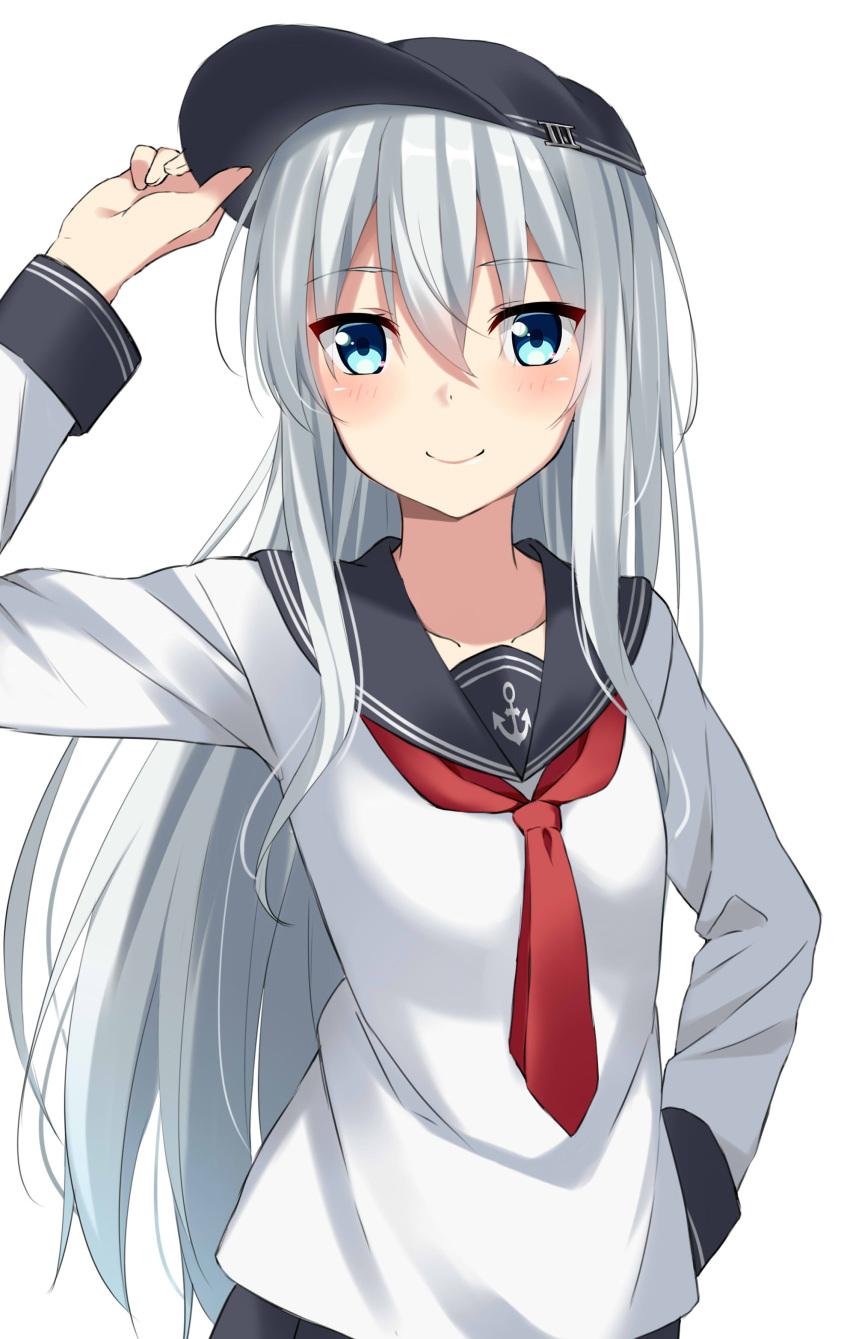 1girl absurdres anchor_symbol arm_up bangs black_hat black_sailor_collar blue_eyes blush breasts closed_mouth collarbone commentary_request eyebrows_visible_through_hair fingernails flat_cap hair_between_eyes hand_on_headwear hat hibiki_(kantai_collection) highres kantai_collection kohakope long_hair long_sleeves necktie red_neckwear sailor_collar school_uniform serafuku shirt silver_hair simple_background small_breasts smile solo very_long_hair white_background white_shirt