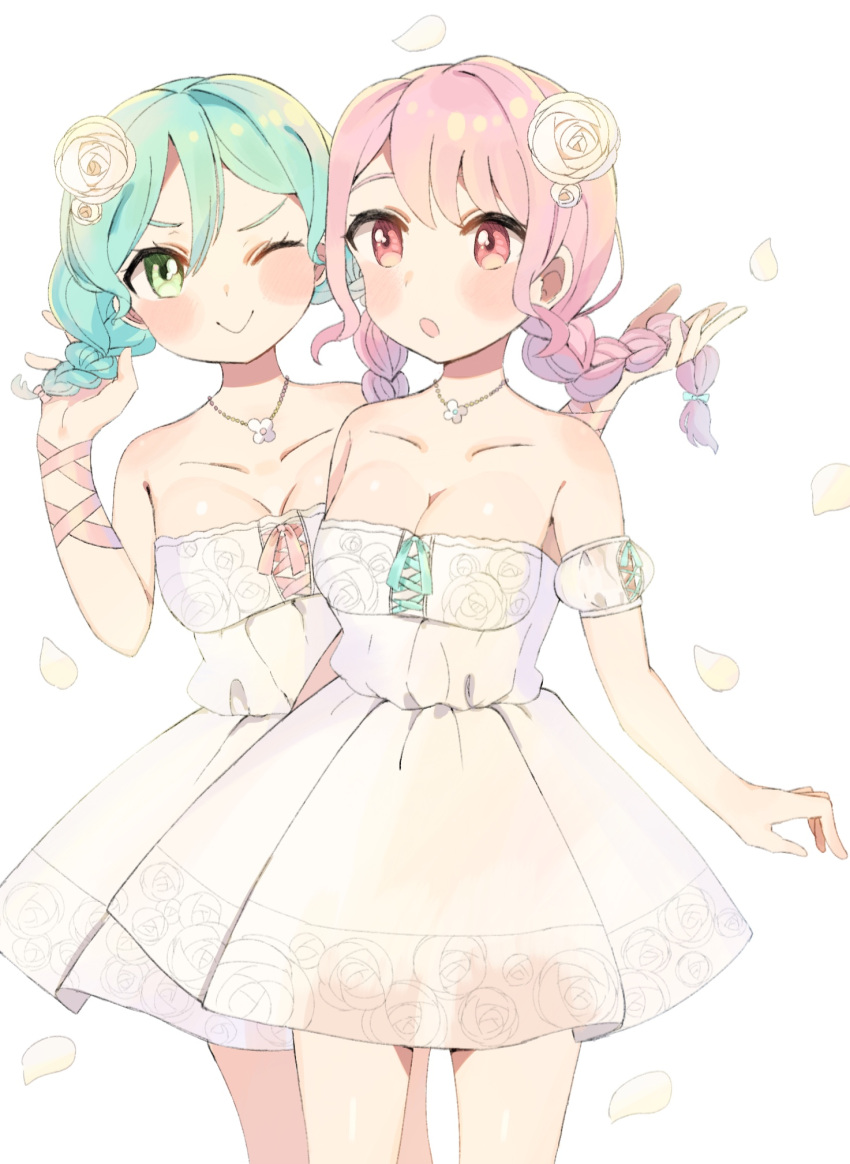 2girls :o ;) alternate_hairstyle aqua_hair bang_dream! bangs bare_shoulders blush braid breasts cleavage collarbone cross-laced_clothes detached_sleeves dress floral_print flower green_eyes hair_flower hair_ornament highres hikawa_hina holding holding_another's_hair holding_hair jewelry long_hair looking_at_viewer maruyama_aya matsuda_(0yx38755230263c) medium_breasts multiple_girls necklace one_eye_closed petals pink_eyes pink_hair print_dress rose smile strapless strapless_dress twin_braids v-shaped_eyebrows white_dress white_flower white_rose