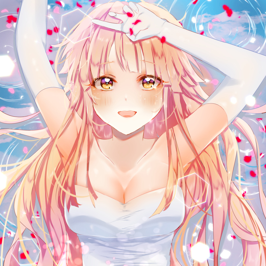 1girl :d absurdres arms_up bang_dream! bangs bare_shoulders blonde_hair blush breasts cleavage dress elbow_gloves eyebrows_visible_through_hair gang_(to_gang) gloves hello_happy_world! highres light_particles long_hair looking_at_viewer lying medium_breasts on_back open_mouth petals ripples smile solo strapless strapless_dress tsurumaki_kokoro white_dress white_gloves yellow_eyes