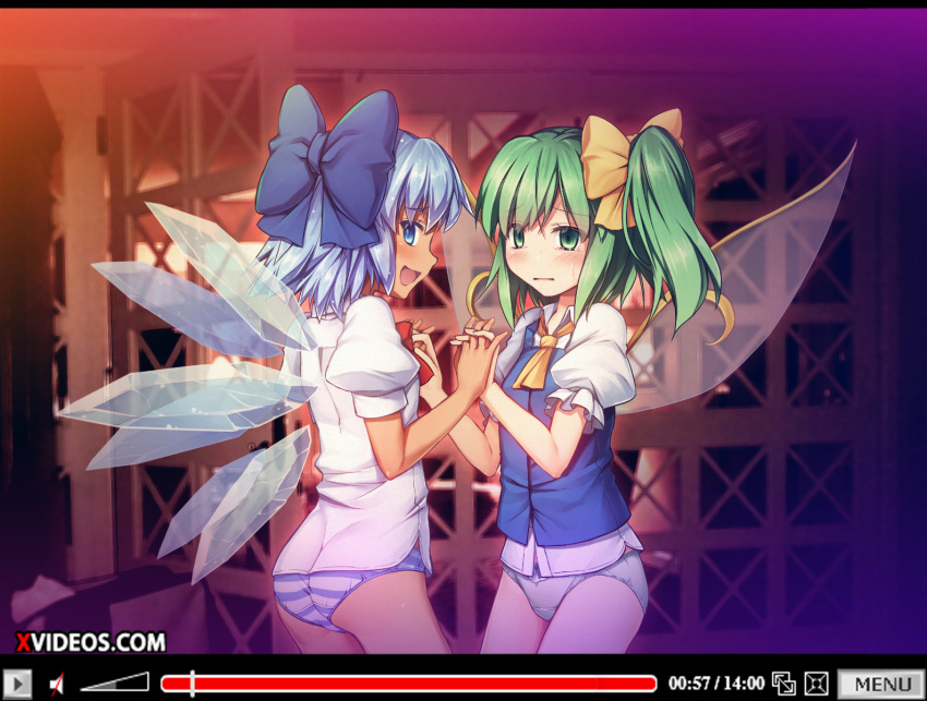 2girls :d ascot ass bangs blue_bow blue_eyes blue_hair blue_panties blue_vest blurry blurry_background blush bow bowtie chima_q cirno commentary_request cowboy_shot daiyousei eyebrows_visible_through_hair fairy_wings fake_screenshot green_eyes green_hair green_panties hair_bow highres ice ice_wings looking_at_viewer multiple_girls no_pants open_mouth panties profile puffy_short_sleeves puffy_sleeves red_bow red_neckwear shirt short_hair short_sleeves side_ponytail smile striped striped_panties tan tears thighs touhou underwear vest white_panties white_shirt wing_collar wings yellow_neckwear