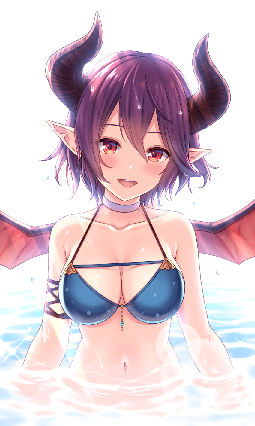 1girl :d bangs bare_shoulders bikini blue_bikini blush breasts choker cleavage commentary_request dragon_girl dragon_horns dragon_wings eyebrows_visible_through_hair granblue_fantasy grea_(shingeki_no_bahamut) hair_between_eyes head_tilt highres horns large_breasts looking_at_viewer manaria_friends navel open_mouth partially_submerged pointy_ears purple_hair red_eyes red_wings round_teeth shingeki_no_bahamut short_hair smile solo swimsuit teeth tomo_(user_hes4085) upper_teeth water wet wet_hair white_background white_choker wings