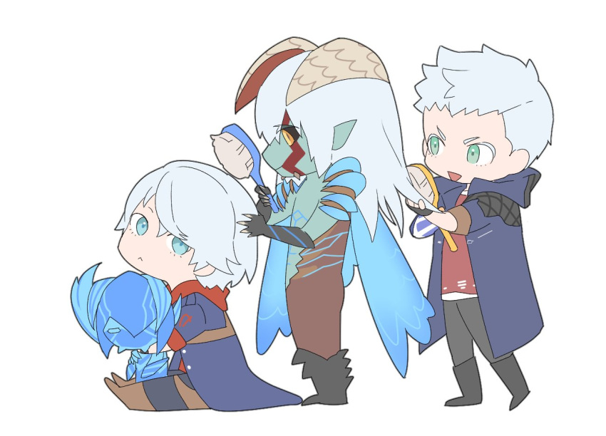 3boys alternate_form black_sclera blue_eyes demon_boy devil_may_cry devil_may_cry_4 devil_may_cry_5 devil_trigger glowing glowing_wings hair_brushing hood hood_down hooded_jacket horns jacket long_hair monster_boy multiple_boys multiple_persona nero_(devil_may_cry) open_mouth pointy_ears silver_hair sitting smile spoilers standing wings yellow_eyes yuusya27