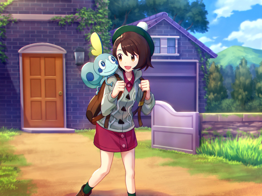 1girl backpack bag bangs blue_eyes blue_sky bob_cut boots brown_bag brown_eyes brown_footwear brown_hair building cardigan clouds cloudy_sky creatures_(company) door dress eye_contact female_protagonist_(pokemon_swsh) forest game_freak gen_8_pokemon grass green_hat green_legwear grey_sweater hat house long_sleeves looking_at_another mountain nature nintendo open_mouth outdoors pink_dress plant pokemon pokemon_(creature) pokemon_(game) pokemon_swsh scenery shiny shiny_clothes shiny_hair shiny_skin short_hair shouhei sky smile sobble socks sweater tam_o'_shanter walking window