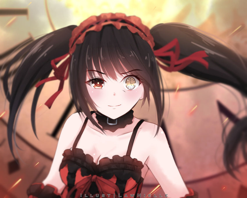 1girl artist_name black_hair blurry blurry_background breasts choker cleavage clock_eyes collarbone date_a_live detached_sleeves floating_hair hair_ribbon heterochromia highres lawnielle long_hair looking_at_viewer maid_headdress medium_breasts red_eyes red_ribbon ribbon sleeves smile solo symbol-shaped_pupils tokisaki_kurumi upper_body very_long_hair yellow_eyes