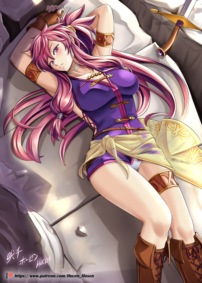 1girl absurdres armband armpits arms_up artist_name blush boots breasts brown_footwear brown_gloves collarbone cross-laced_footwear dress fingerless_gloves fire_emblem fire_emblem:_seima_no_kouseki gloves highres large_breasts leather leather_gloves long_hair looking_at_viewer lying marica_(fire_emblem) nintendo on_back panties pantyshot pantyshot_(lying) parted_lips patreon_username ponytail purple_hair rock sash short_dress sidelocks signature smile solo sword thigh_strap thighs underwear vilde_loh_hocen violet_eyes watermark weapon web_address white_panties