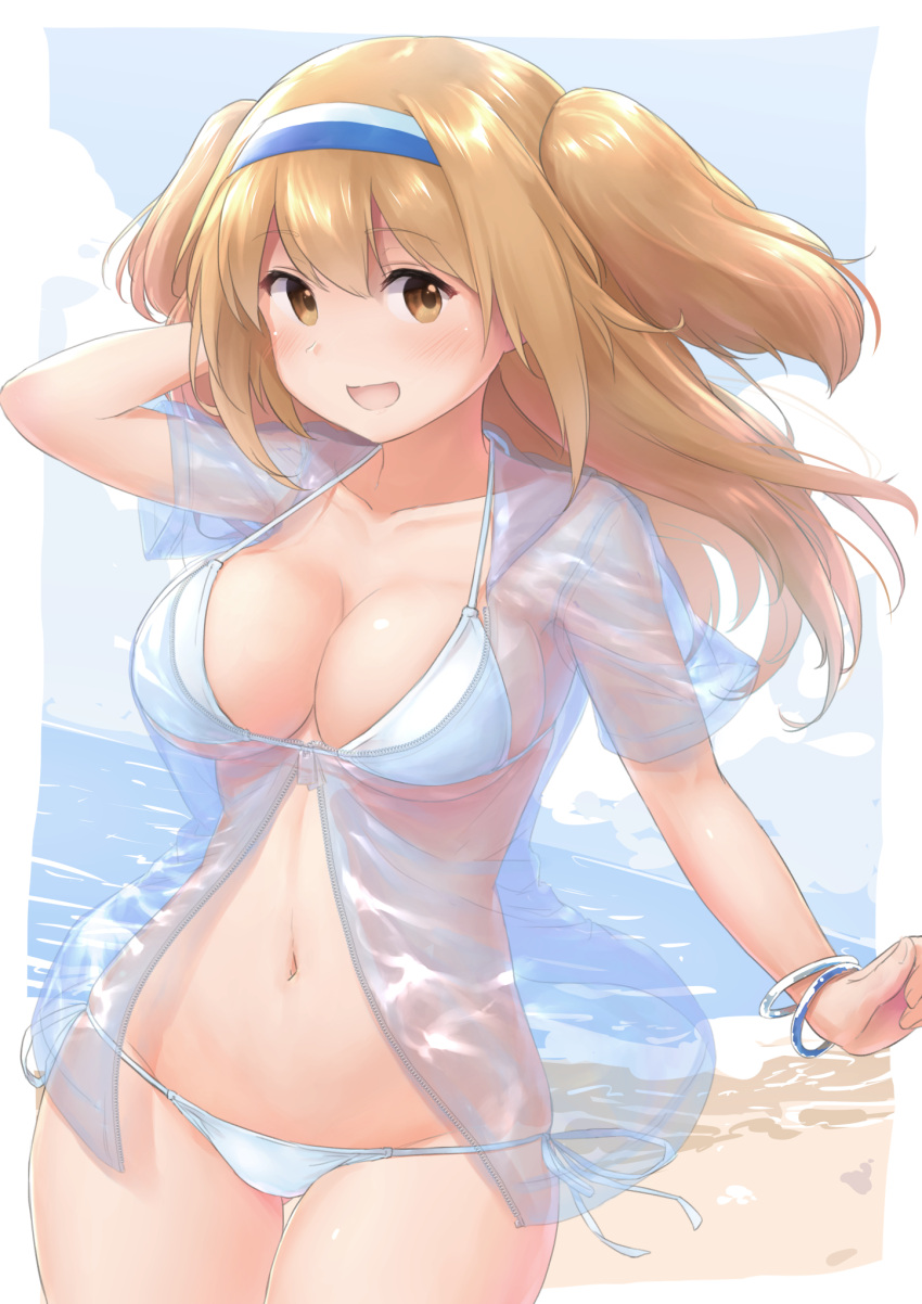 1girl :d beach bikini blonde_hair blue_sky blush bracelet breasts brown_eyes clouds commentary_request day eyebrows_visible_through_hair hairband highres i-26_(kantai_collection) jewelry kantai_collection long_hair looking_at_viewer medium_breasts navel ocean open_mouth sand side-tie_bikini sky smile solo swimsuit two_side_up wamu_(chartreuse) white_bikini