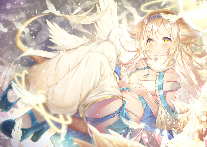 1girl angel angel_wings animal_ears bangs bare_shoulders blonde_hair blue_footwear blue_skirt blurry blush breasts cleavage collarbone cupping_hands depth_of_field feathered_wings feathers frills fur_collar hair_between_eyes hairband halo high_heels highleg highleg_panties highres light_particles long_hair looking_at_viewer lying medium_breasts miniskirt navel original panties parted_lips revealing_clothes sidelocks skirt solo stomach tail topia underwear white_legwear wings yellow_eyes