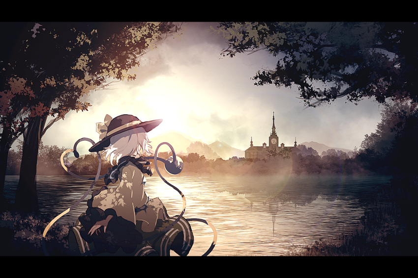 1girl black_hat blouse bow building bush clock clock_tower clouds collar commentary_request diamond_(gemstone) dise eyeball fog frilled_collar frills from_side grey_hair hat hat_bow heart heart_of_string komeiji_koishi lake landscape lens_flare letterboxed long_sleeves looking_away misty_lake mountain outdoors scarlet_devil_mansion scenery short_hair skirt sky solo sun sunlight sunset third_eye touhou tower tree wide_sleeves yellow_blouse yellow_bow