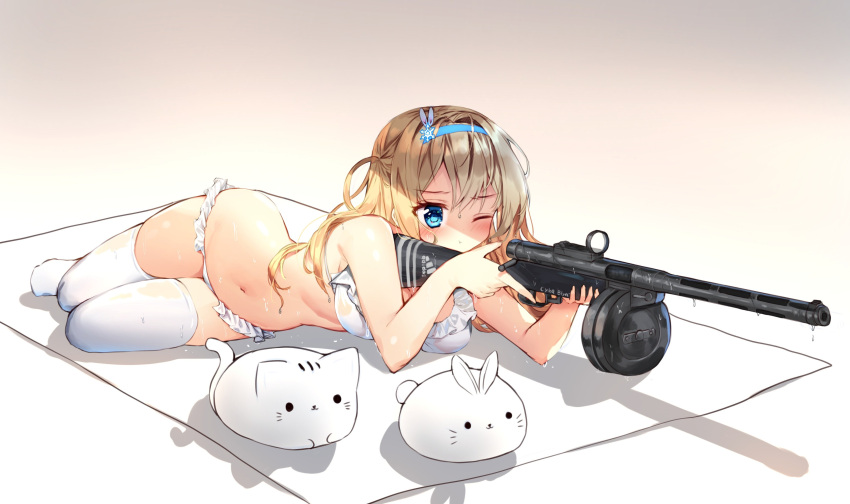 1girl ;t absurdres aiming animal bangs bikini blue_eyes blue_hairband blush breasts cat closed_mouth commentary eyebrows_visible_through_hair frilled_bikini frills girls_frontline gun hair_between_eyes hairband highres holding holding_gun holding_weapon light_brown_hair long_hair lying medium_breasts navel object_namesake on_side one_eye_closed pout rabbit solo submachine_gun suomi_kp/-31 suomi_kp31_(girls_frontline) swimsuit symbol_commentary tandohark thigh-highs weapon wet wet_hair white_bikini white_legwear