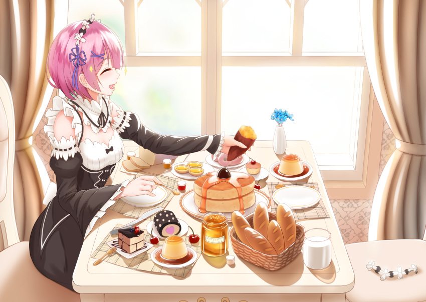 1girl :d blush bread breasts cake cherry cleavage closed_eyes commentary_request damao_yu day detached_collar detached_sleeves flower food fruit hair_flower hair_ornament hair_ribbon highres honey maid maid_dress maid_headdress milk open_mouth pancake pink_hair pudding purple_ribbon ram_(re:zero) re:zero_kara_hajimeru_isekai_seikatsu ribbon short_hair smile solo sparkle sweet_potato wide_sleeves x_hair_ornament