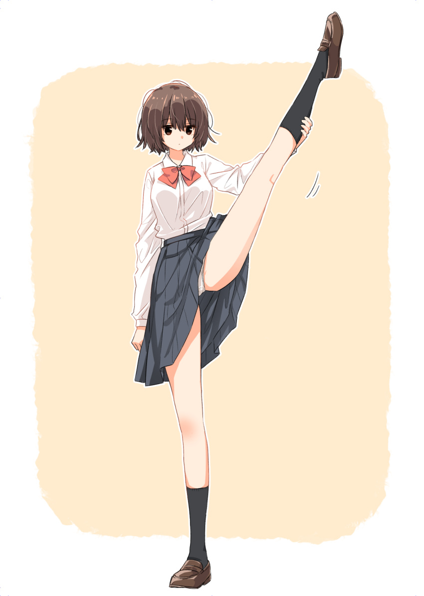 1girl black_legwear brown_eyes brown_hair flexible full_body highres kneehighs leg_up loafers matsuda_hikari messy_hair original panties panty_peek school_uniform shoes short_hair simple_background solo standing standing_on_one_leg underwear white_panties