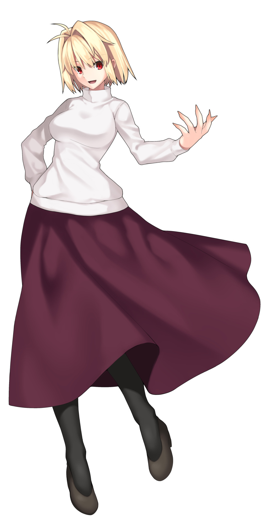 1girl :d absurdres antenna_hair arcueid_brunestud black_legwear blonde_hair full_body hair_between_eyes hair_intakes hand_on_hip highres long_skirt long_sleeves looking_at_viewer open_mouth pumps purple_skirt red_eyes short_hair skirt smile solo standing sweater transparent_background tsukihime white_sweater z1004ero