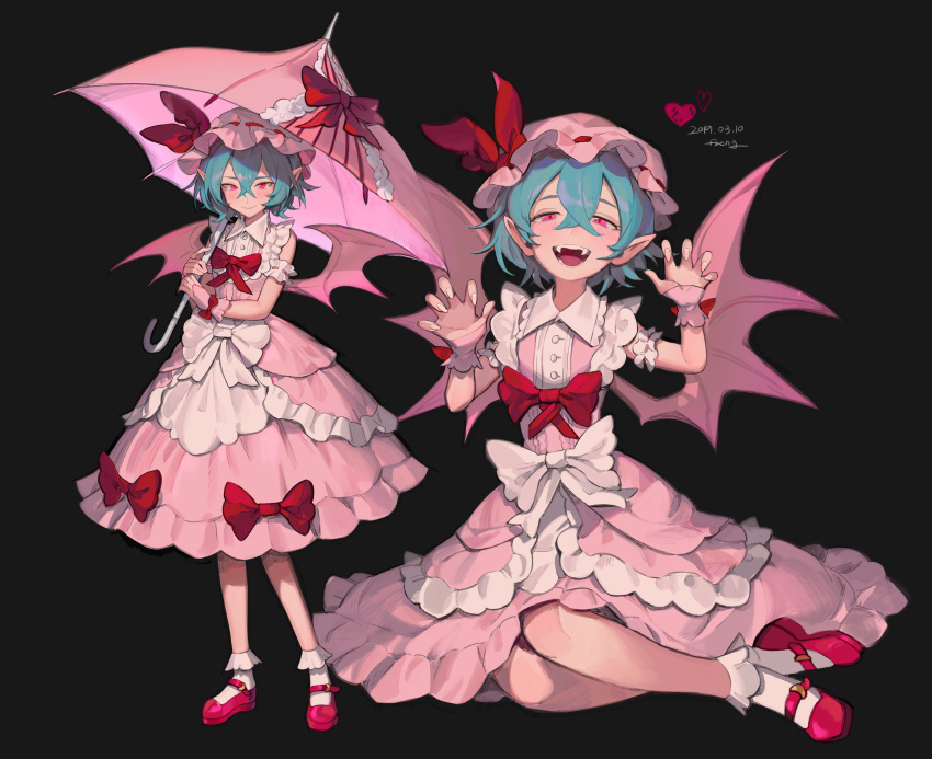 1girl absurdres artist_name bat_wings black_background blue_hair blush bow dated dress fangs fingernails freng frilled_legwear frills hands_up hat hat_ribbon heart highres looking_at_viewer mary_janes mob_cap multiple_views open_mouth parasol pink_dress pink_footwear pointy_ears red_bow red_eyes red_footwear red_ribbon remilia_scarlet ribbon sharp_fingernails shoes short_hair signature simple_background sitting sleeveless smile touhou umbrella wings wrist_cuffs